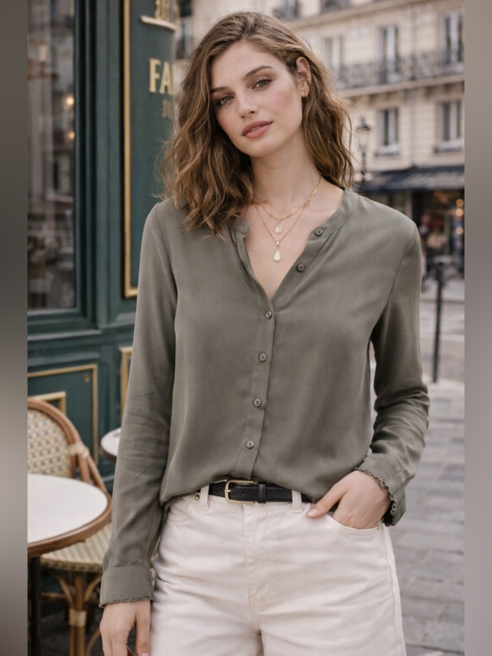 The Kooples Olive Green Button Front Blouse XS | Minimal Chic Long Sleeve Top